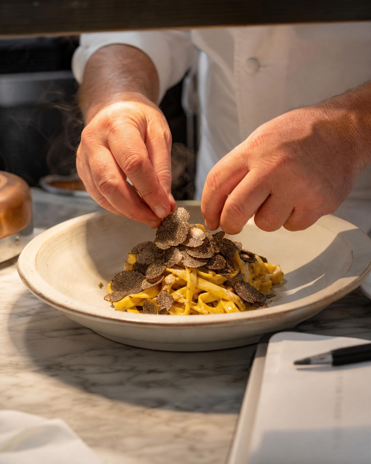 Chef finishing tagliatelle with black truffle